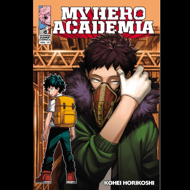 My Hero Academia Volume 14 comic book cover published by Image Comics, featuring a large close-up of a character in a green sweater and mask in the foreground, with another character standing in the background. The title 'MY HERO ACADEMIA' is prominently displayed at the top, with the creator name 'KOHEI HORIKOSHI' at the bottom. My Hero Academia, Vol. 14 | Manga