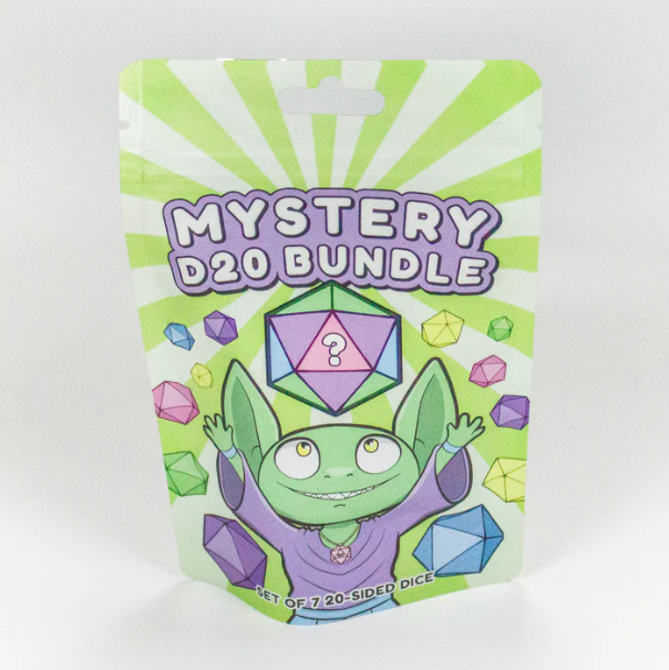 Mystery blind bag containing a set of seven 20-sided dice in various colours, designed for Dungeons and Dragons gameplay, suitable for ages 14 and up.
