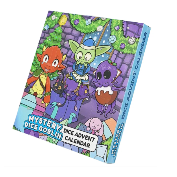 Mystery Dice Goblin Advent Calendar 2025 – 25 Dice & Matching Full Set | RPG Christmas Countdown. Dice Advent Calendar with cartoon characters on a white background