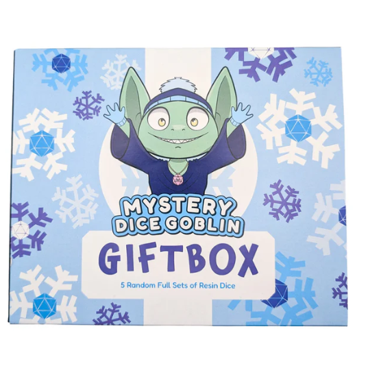 Mystery Dice Goblin  Christmas Dice Gift Box, 5 Resin & Acrylic Dice Sets. Gift box with a cartoon character on a blue background with snowflakes