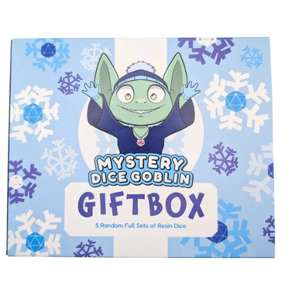 Mystery Dice Goblin  Christmas Dice Gift Box, 5 Resin & Acrylic Dice Sets. Gift box with a cartoon character on a blue background with snowflakes