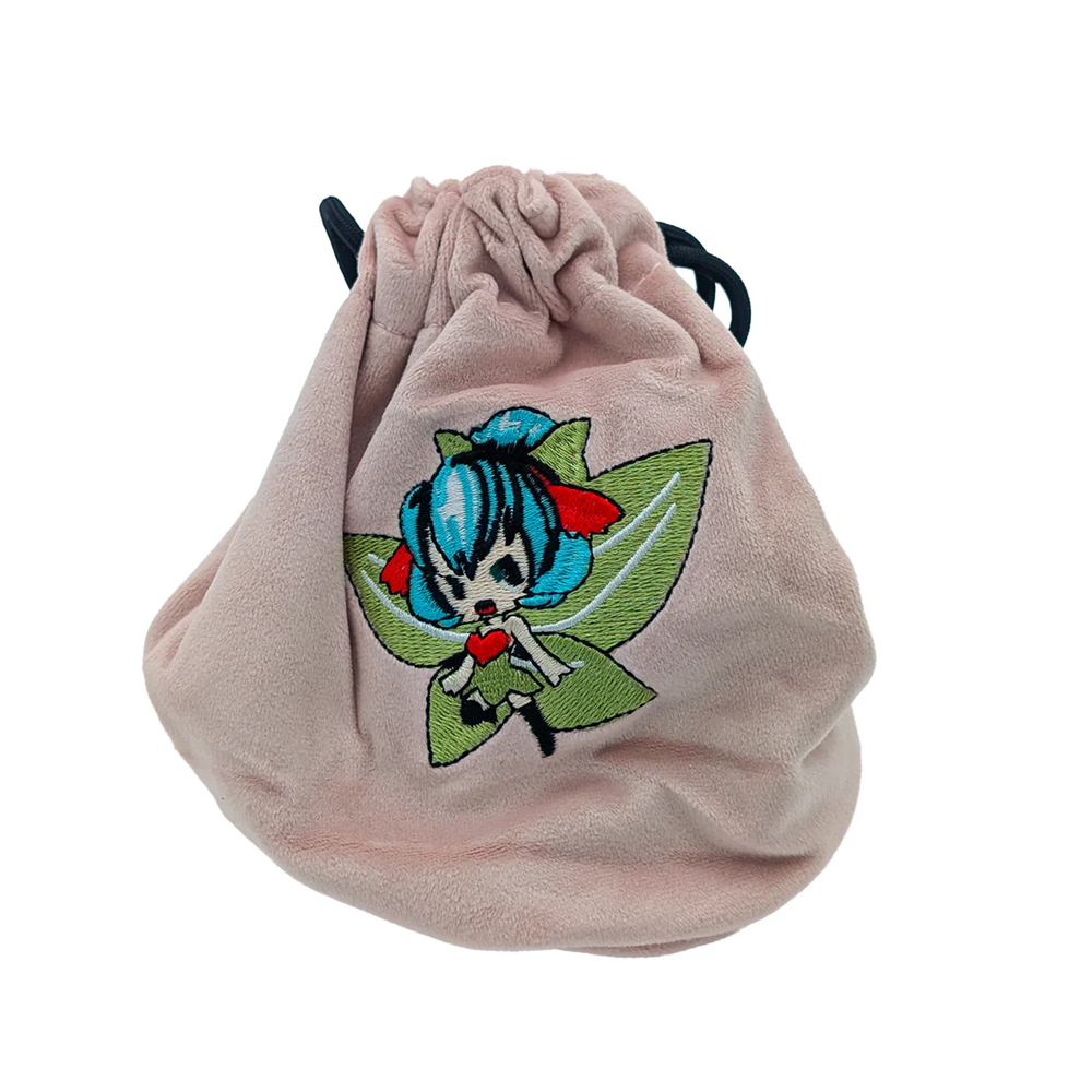 Pink drawstring pouch with a colourful character design on a white background. Mystery Dice Goblin Pink Mini Dice Pouch