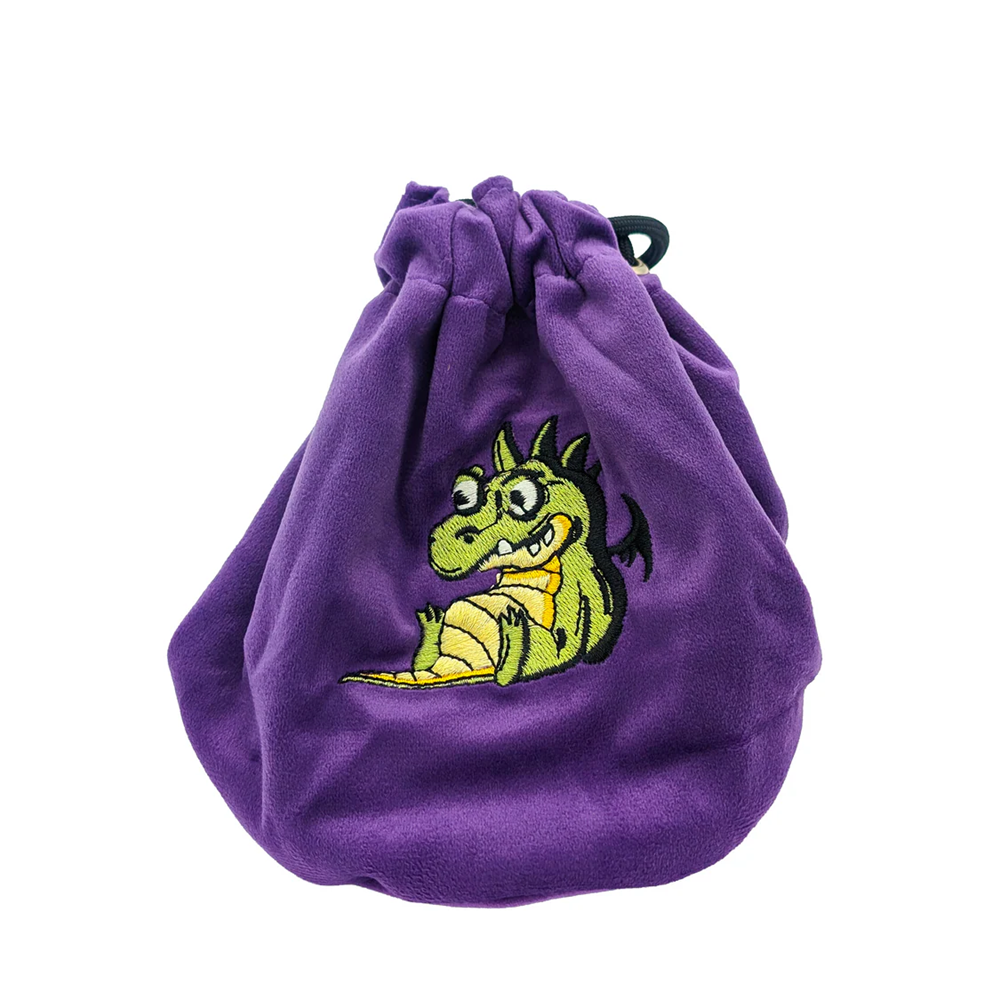 Purple drawstring bag with a green dragon design on a white background