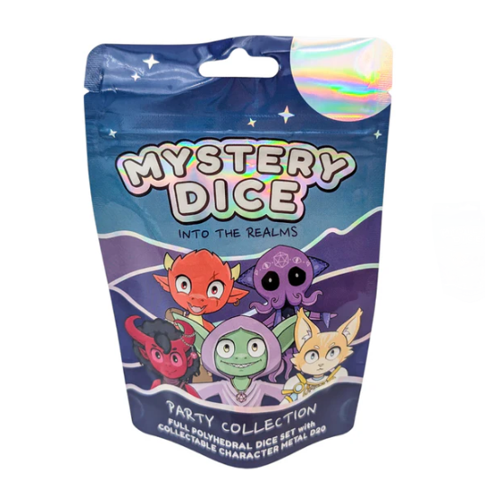 Mystery Dice packaging with colourful Mystery Dice Party Collection. dice characters on a white background