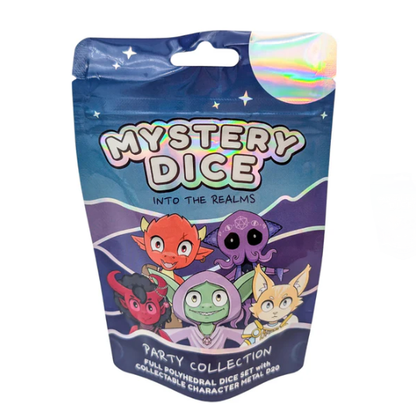 Mystery Dice packaging with colourful Mystery Dice Party Collection. dice characters on a white background