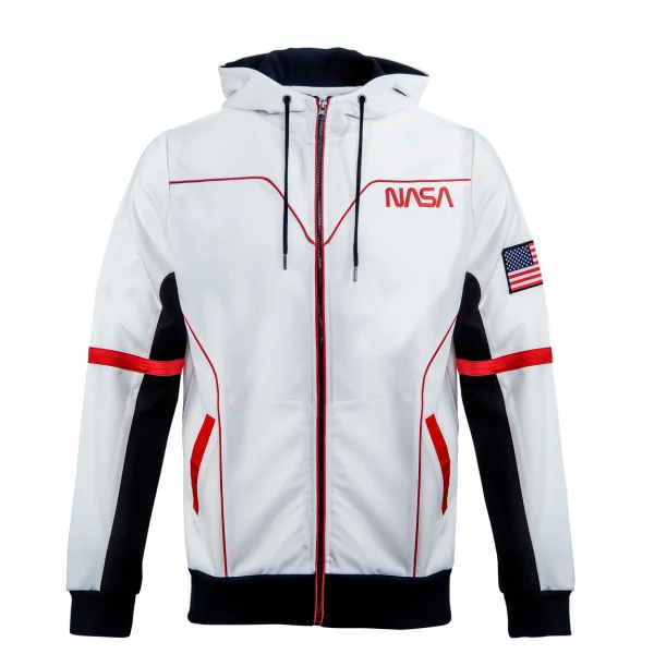 White NASA hoodie with black sleeves, red accents, embroidered NASA logo and US flag patch