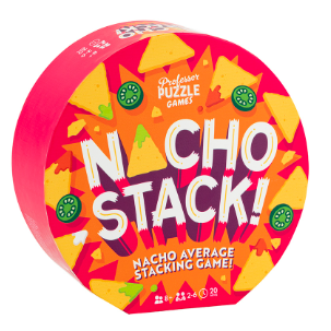 Nacho Stack! A pink round box with images of yellow nachos and green jalapenos 