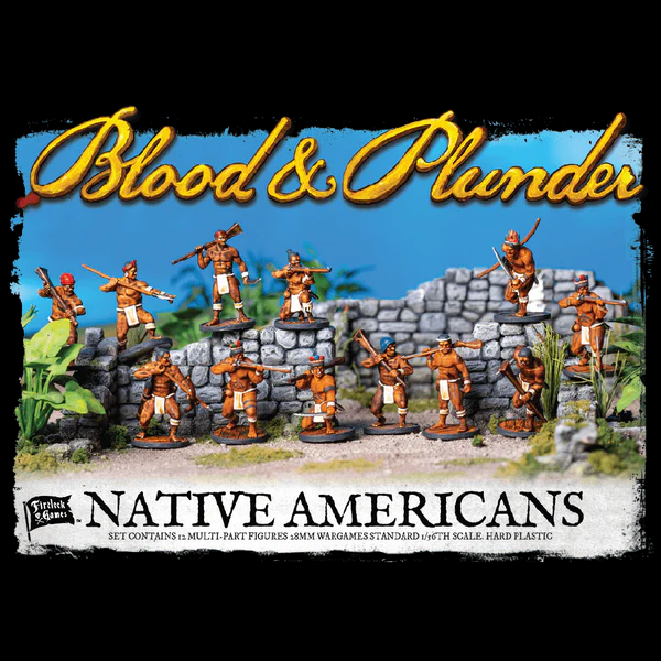 Blood & Plunder: Native American Unit Box (28mm Plastic Miniatures). Box cover of 'Blood & Plunder' Native Americans figurine set with figures on a stone wall background.