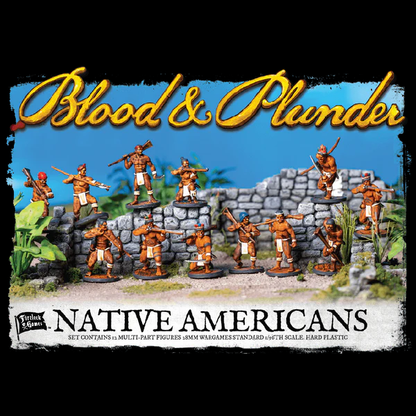 Blood & Plunder: Native American Unit Box (28mm Plastic Miniatures). Box cover of 'Blood & Plunder' Native Americans figurine set with figures on a stone wall background.