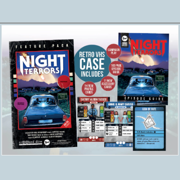 Night Terrors Feature Pack in a retro VHS case with bold horror artwork, containing cards, scenarios and gaming content for cinematic tabletop skirmishes.