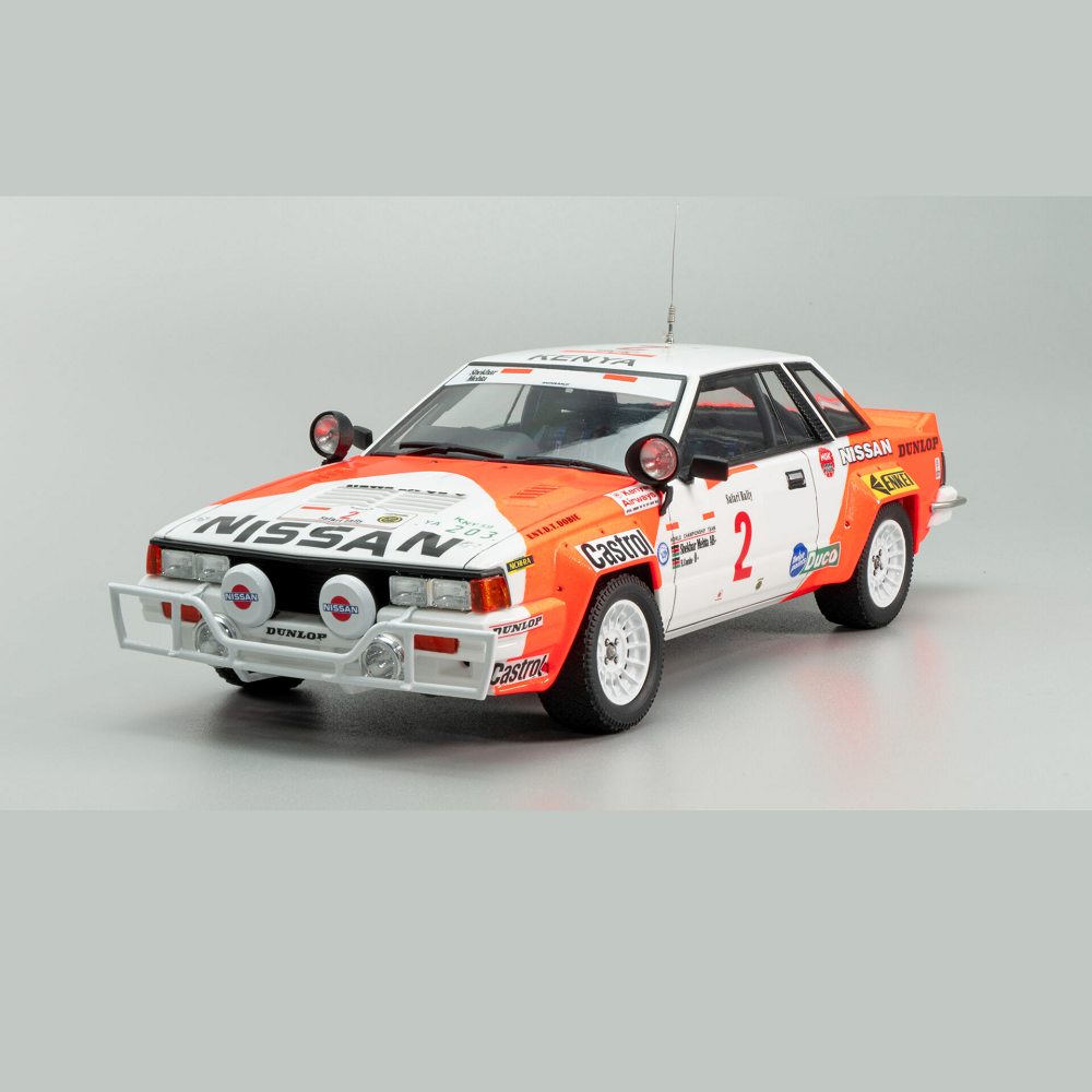 Nissan 240RS BS110 '84 Safari Rally 1/24 scale model kit by Beemas, featuring detailed interior, chassis, and decals. Perfect for rally car enthusiasts.