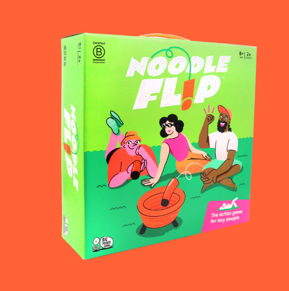 Board game box titled 'Noodle Flip' on an orange background. Noodle Flip outdoor ring toss game with noodles and target rings for 2+ players