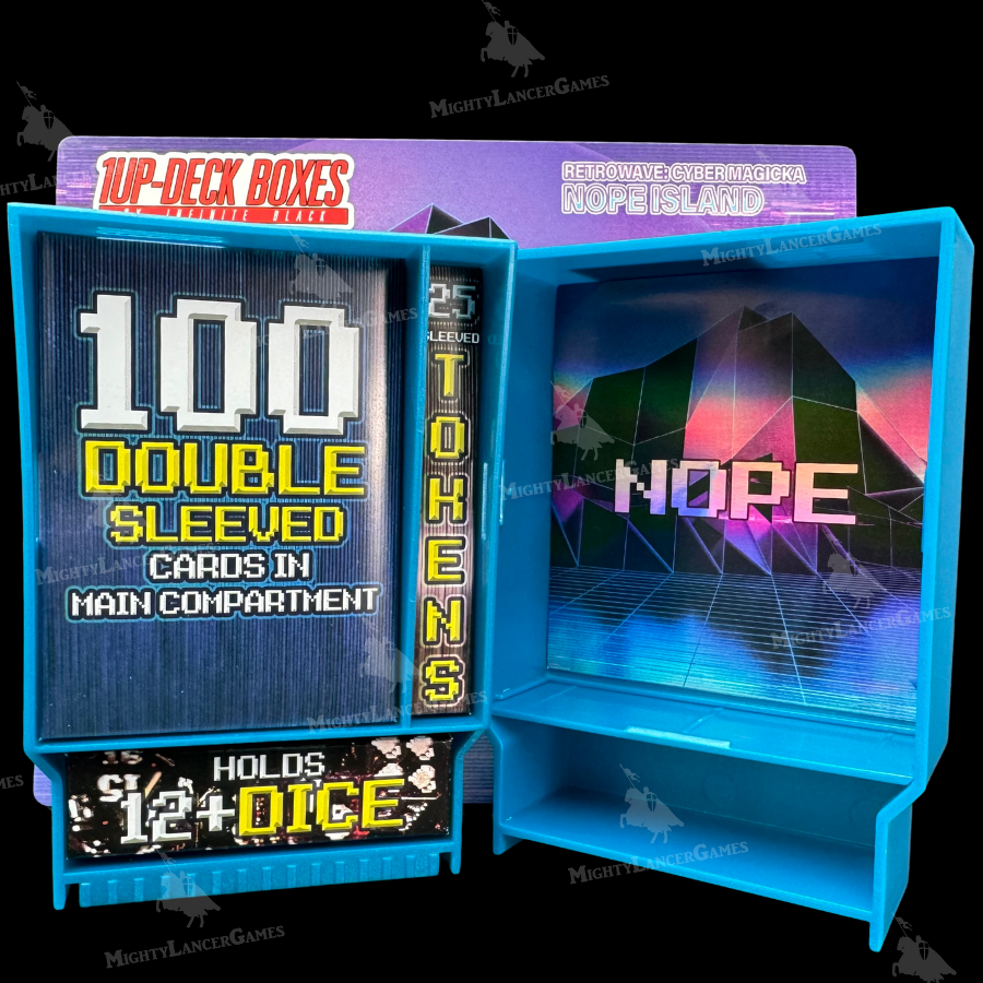 Sea blue Nope Island Retrowave Cyber Magicka Deck Box with 8-bit crystal island design, inspired by retro game cartridges. Stores cards, dice, and tokens.