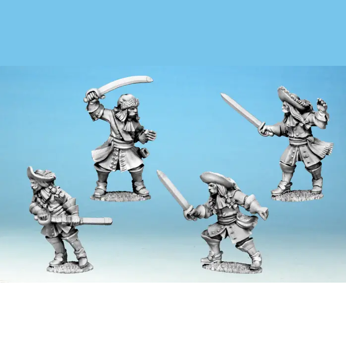 Four metal figurines of warriors with swords on a gradient blue background.  North Star Dismounted Cavalrymen 28mm metal historical miniatures set