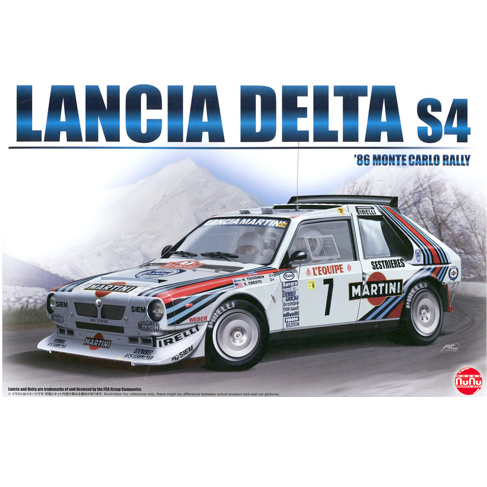Lancia Delta S4 Monte Carlo Rally 1986 1:24 Scale Plastic Model Kit. Unpainted 1:24 scale Lancia Delta S4 rally car model with bold body lines and detachable front and rear cowls, ideal for painting in Martini livery.