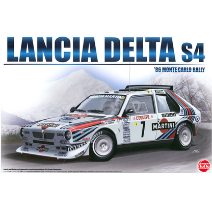 Lancia Delta S4 Monte Carlo Rally 1986 1:24 Scale Plastic Model Kit. Unpainted 1:24 scale Lancia Delta S4 rally car model with bold body lines and detachable front and rear cowls, ideal for painting in Martini livery.