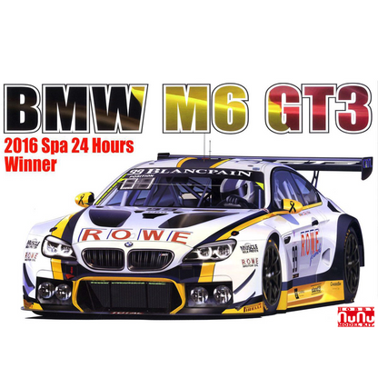 A BMW M6 GT3 race car illustration on a white background with large text reading 'BMW M6 GT3' and '2016 Spa 24 Hours Winner.' The car is white, black, and yellow with prominent 'ROWE' and 'Blancpain' branding. NuNu Models BMW M6 GT3 2016 Spa 24 Hours Winner 1:24 scale model kit
