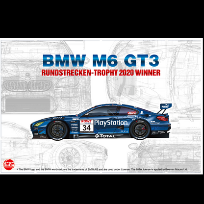 A blue BMW M6 GT3 race car shown in profile on a white background with faint car line drawings. Large text reads 'BMW M6 GT3' and 'Rundstrecken-Trophy 2020 Winner' in blue and red. NuNu Models BMW M6 GT3 Rundstrecken Trophy 2020 Winner 1:24 Scale Model Kit