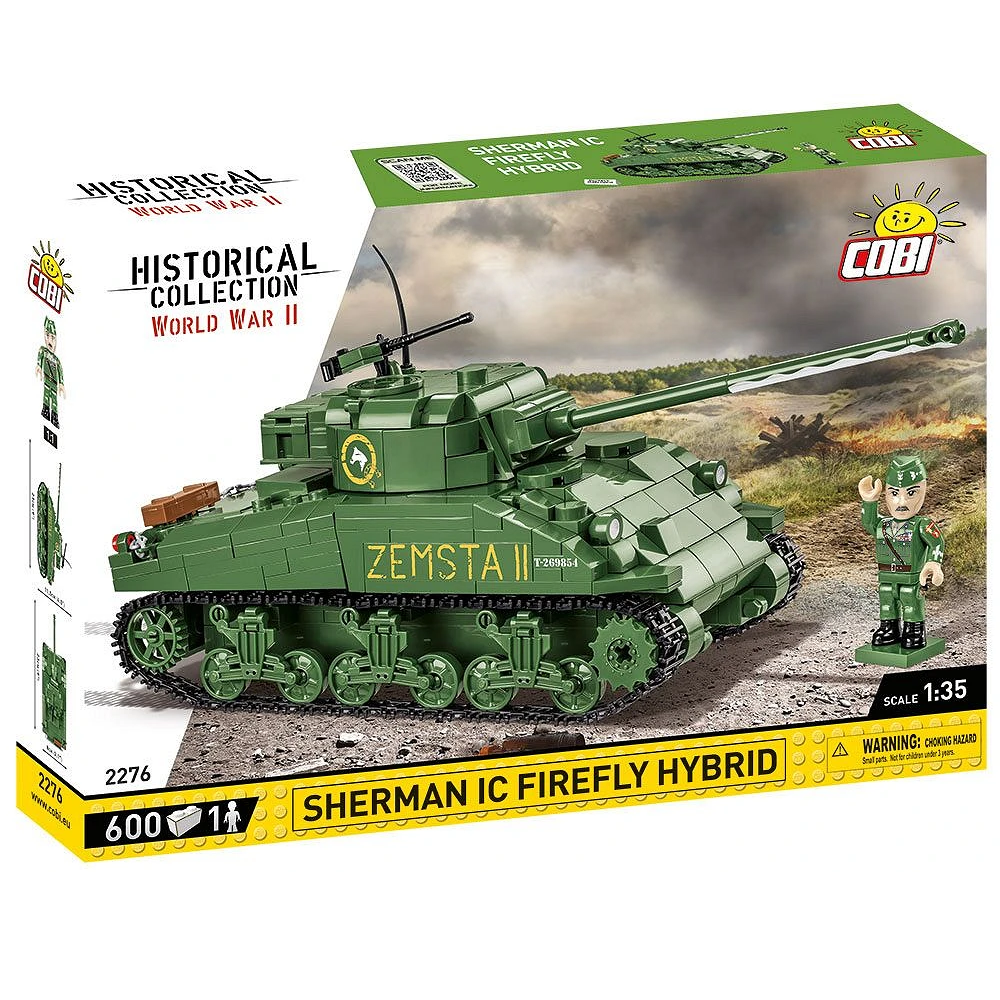A detailed 1:35 scale model of the COBI Sherman IC Firefly Hybrid, featuring original Polish markings and a figure of General Władysław Anders for historical accuracy.