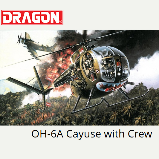 OH-6A Cayuse With Crew 1:35 Scale Plastic Model Kit – Dragon NAM Series. Unpainted 1:35 scale OH-6A helicopter model with two seated crew figures, showing detailed rotor, cockpit and fuselage ready for painting and assembly.