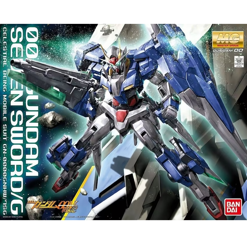 OO Gundam Seven Sword/G model kit featuring 1/100 scale, coloured plastic, GN Buster Sword 2, GN Katar, and transformation modes, showcasing intricate details and dynamic posing options.