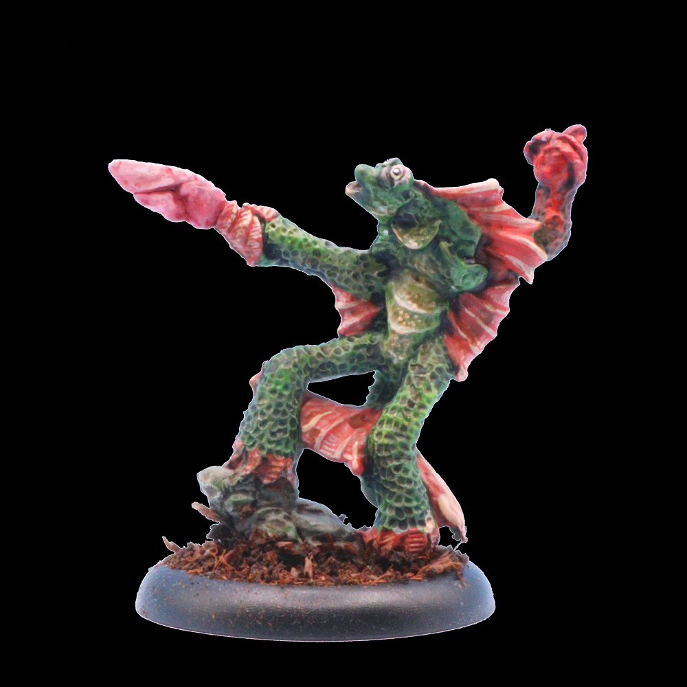 Oakbound Studio Bucca Deep Priest. Miniature figurine of a creature with green body and pink wings on a clear base