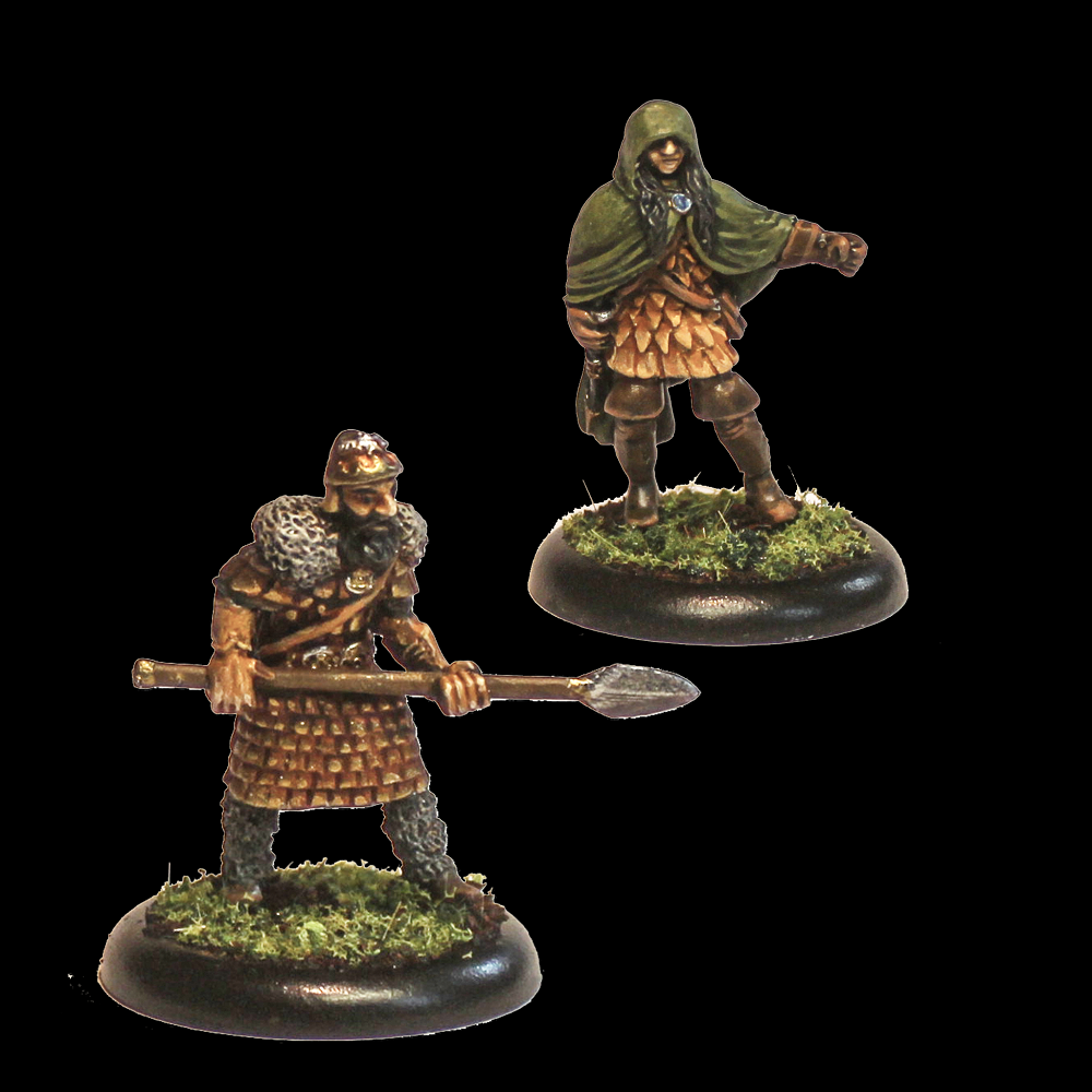 Oakbound Studio Fianna Talamhlar. Two miniature figurines on black bases with a clear background