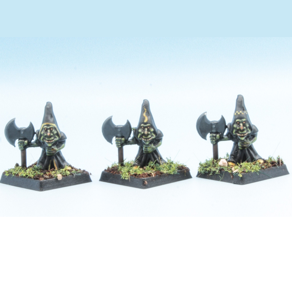 Oakbound Studio Grotto Bogies With Spears. Three miniature figures with axes on a white background