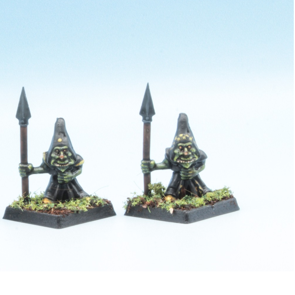 Oakbound Studio Grotto Bogies With Spears. Two miniature figures with spears on a white background