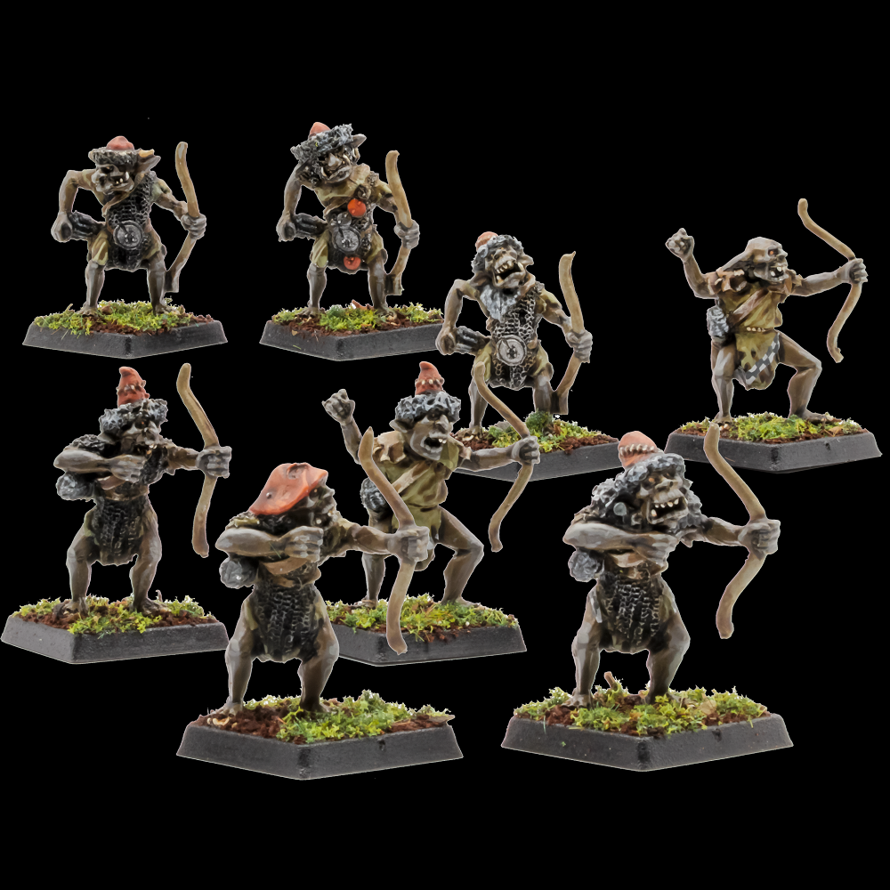 Oakbound Studio Hobgoblin Bows. Set of miniature figures on green bases against a black background