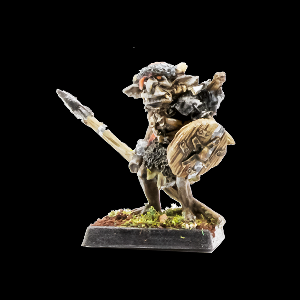 Oakbound Studio Hobgoblin Champion 3. Miniature figure of a warrior with armour and spear on a black background