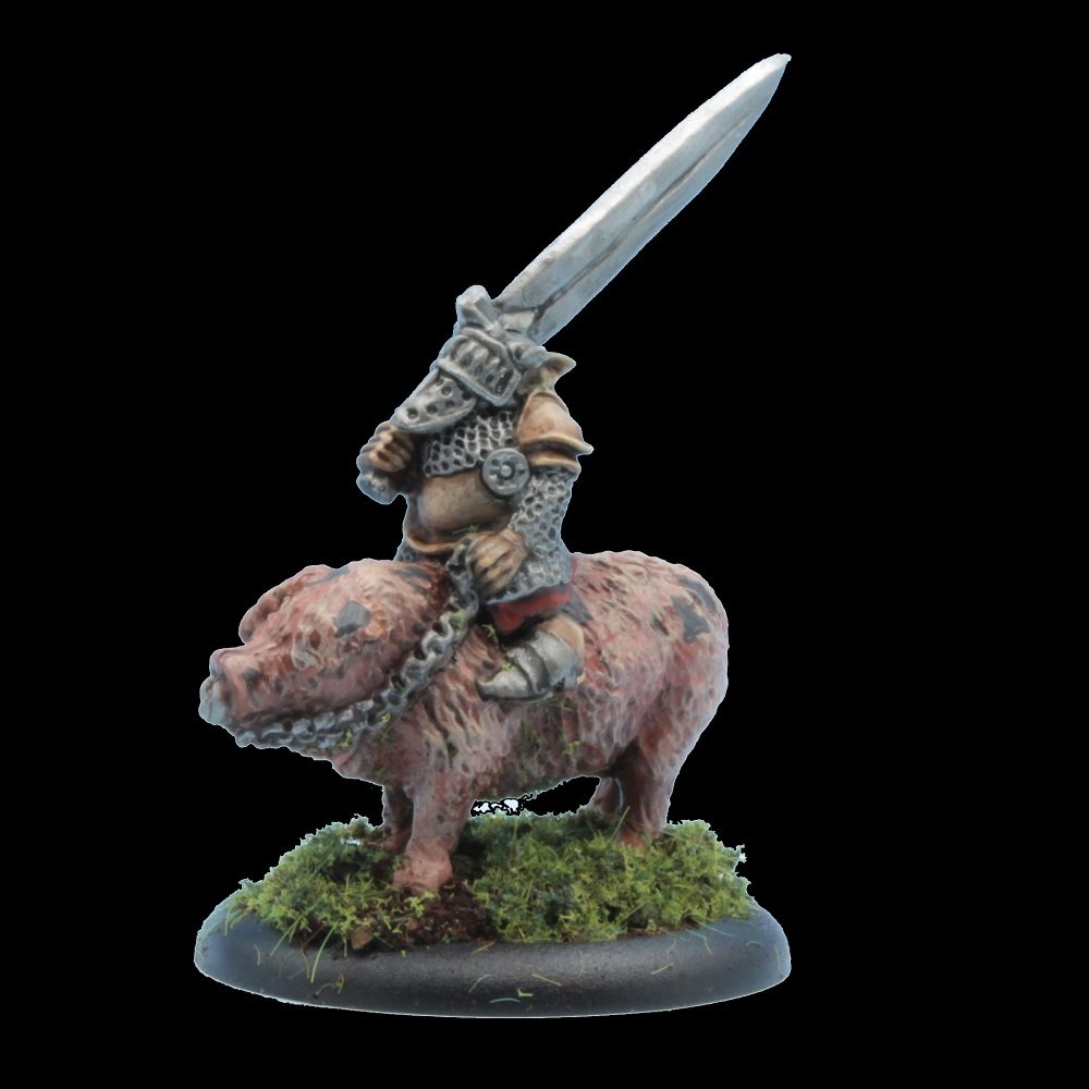 Oakbound Studio Hogboggler Khan. Miniature figure of a warrior on a boar with a sword, on a clear background