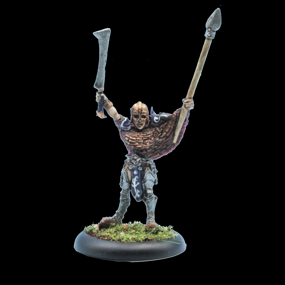 Oakbound Studio Huldra Anforare 1. Miniature figure of a warrior holding two spears on a black background