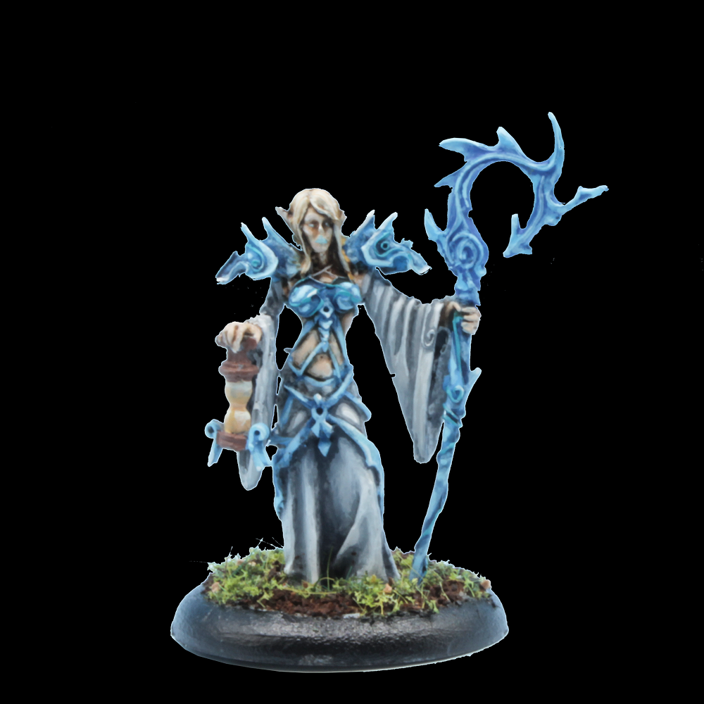 Oakbound Studio Huldra Cempestre Fantasy figurine with blue accents and antlers on a black background