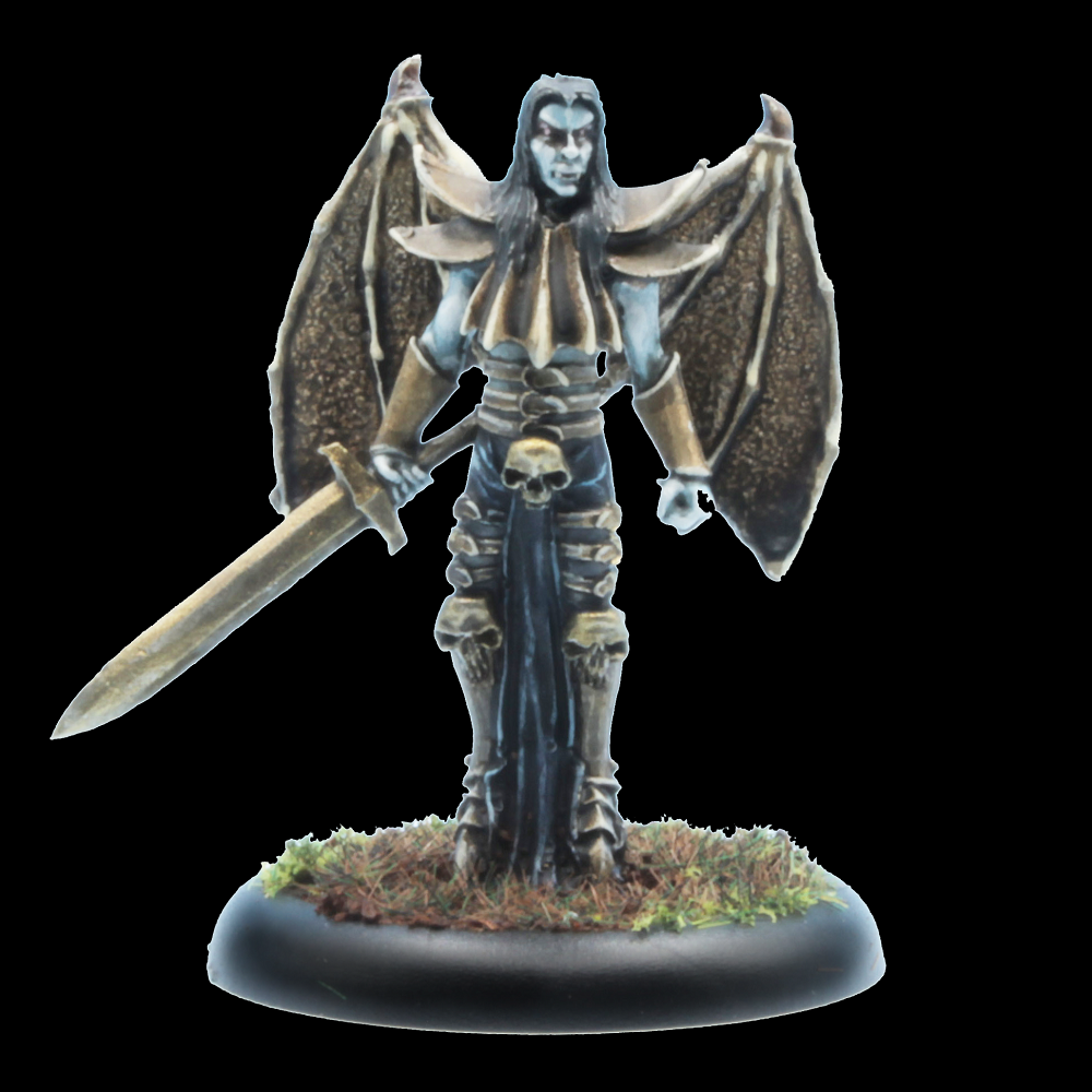 Oakbound Studio Huldraugur Hengeton. Elegant winged vampire miniature holding a sword. 28–35mm scale lead pewter model, unpainted. Ideal for fantasy wargames and roleplay.