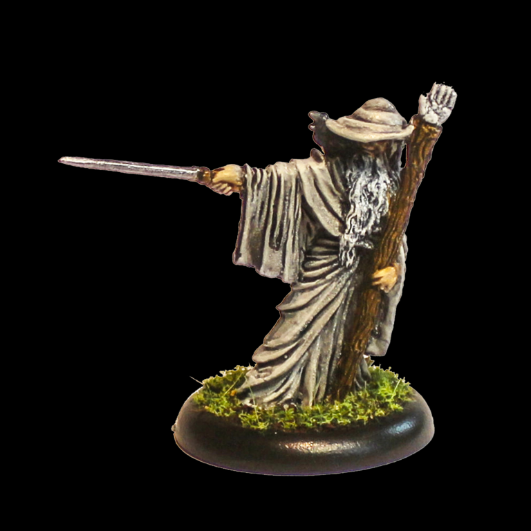 Oakbound Studio Weithand the Wise. Miniature figurine of a character with a staff and sword on a black background