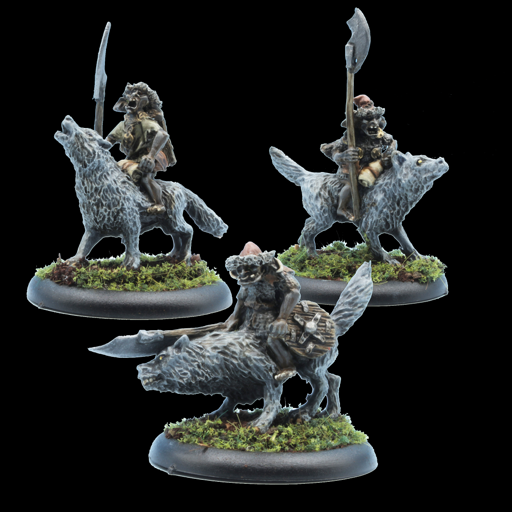 Oakbound Studio Wolf Riders. Three miniature figurines of warriors on wolves with a clear background