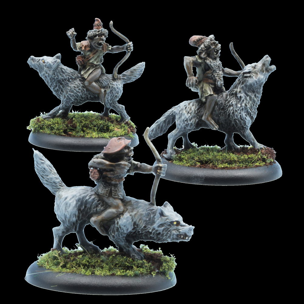 Oakbound Studio Wolf Scouts. Three miniature figures of a warrior on a wolf with a black background