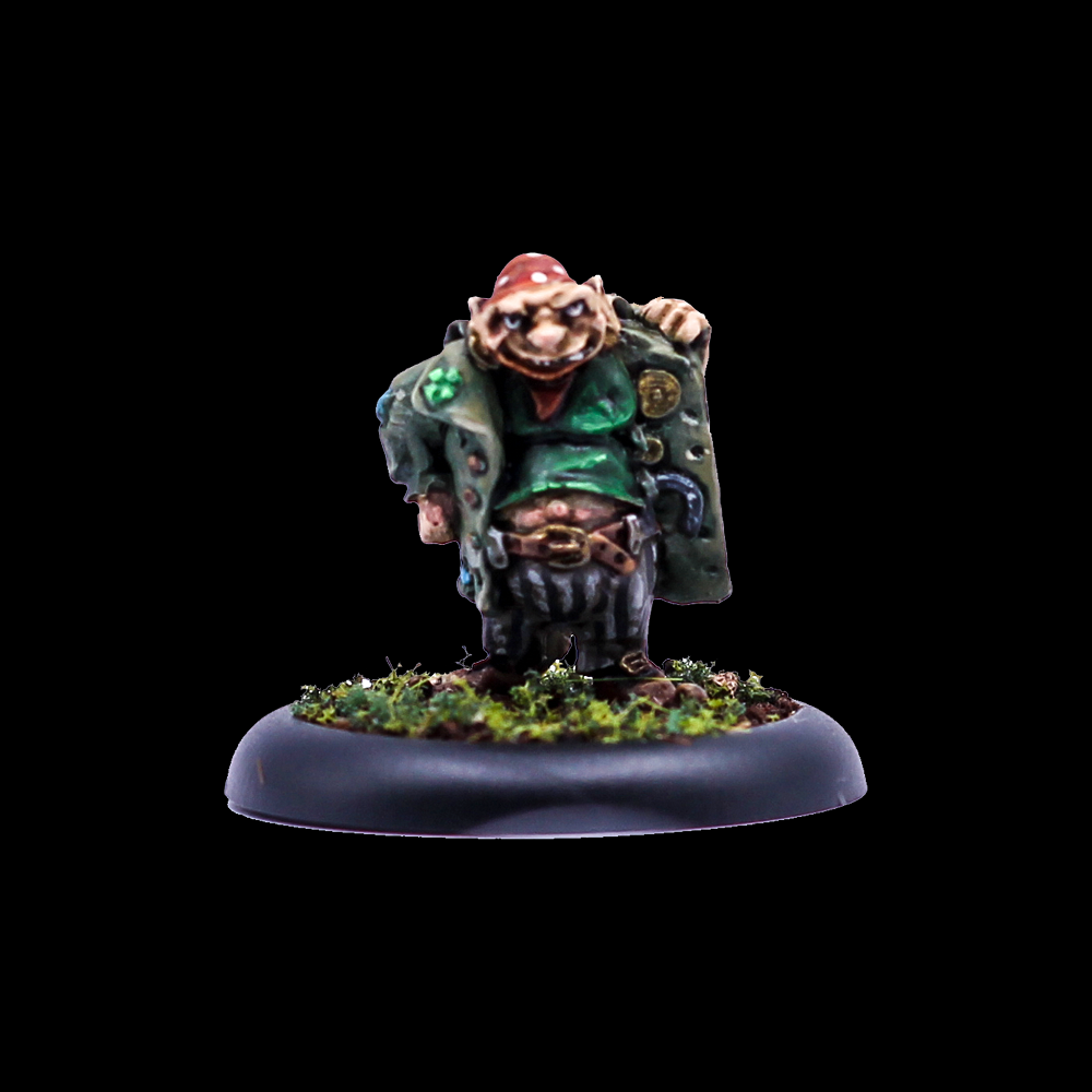 Oakbound Stuido Clurichaun. Miniature figurine of a character in fantasy attire on a black background