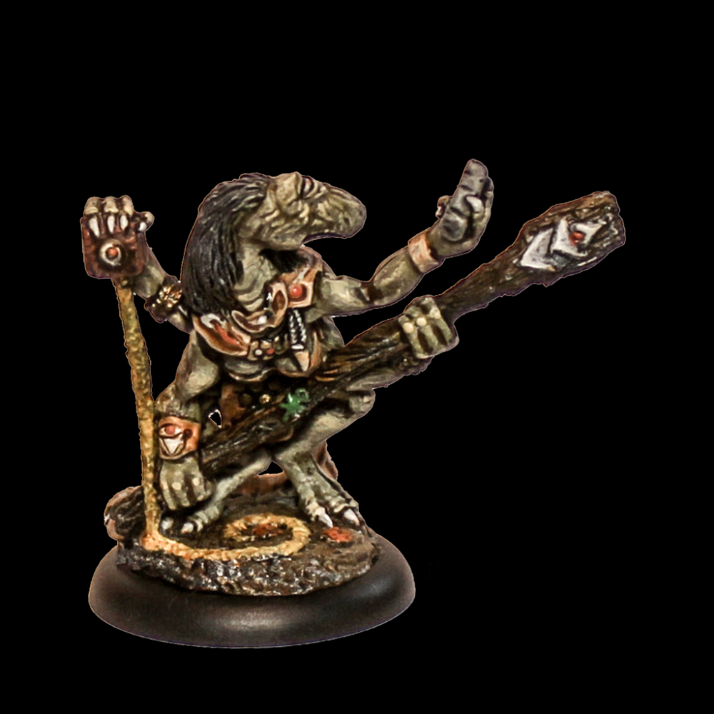 Four-armed mystic miniature standing 4cm tall, detailed 28–35mm scale metal model in flowing robes for fantasy tabletop and display use.