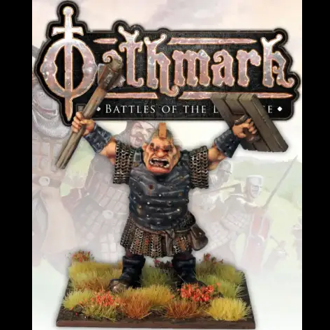 A painted fantasy miniature of an armored orc-like warrior holding two wooden shields, displayed on a grassy base with the large 'Oathmark: Battles of the League' logo behind it. Oathmark Ogre 3 Metal Miniature Blister