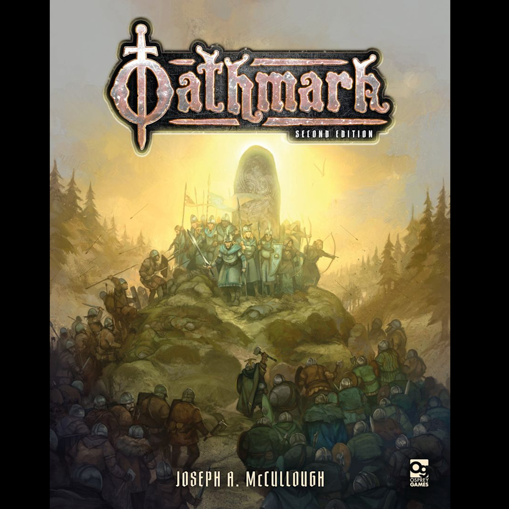 Front cover of the Pathfinder Second Edition tabletop gaming box by Joseph A. McCullough, featuring fantasy artwork of a large group of adventurers gathered around a glowing stone monument in a forested landscape. Oathmark Second Edition Battles of the Lost Age hardback fantasy wargame rulebook