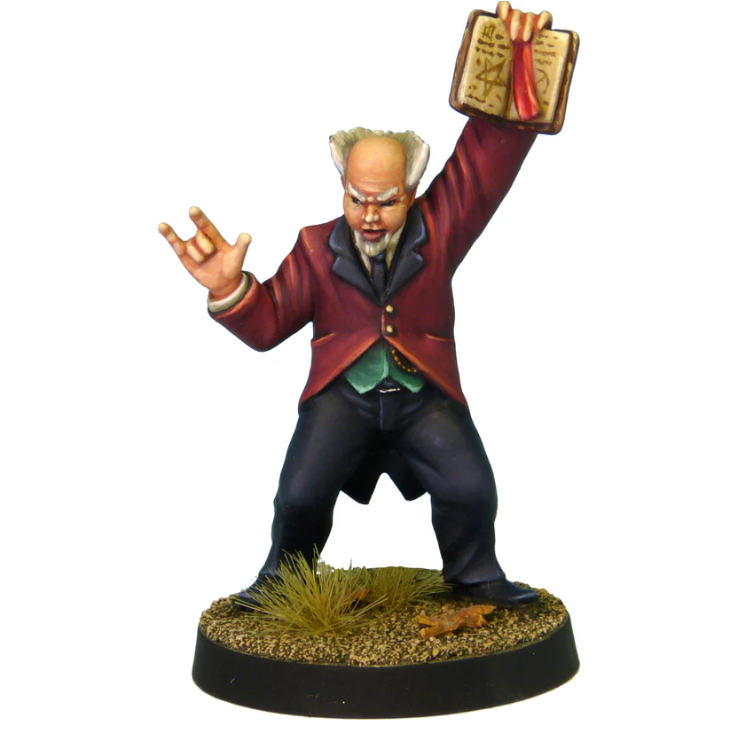 Occult Investigator 1B by Crooked Dice, a white metal miniature for your tabletop games representing a gentleman wearing trousers, waistcoat and a tailcoat holding an open book above his head with one hand and the sign of the horns with his other hand