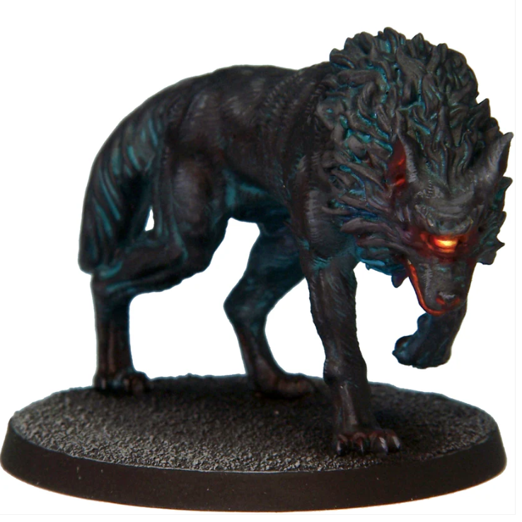 Old Shuck by Crooked Dice, a resin miniature for your tabletop games representing a supernatural black dog with a single glowing red eye