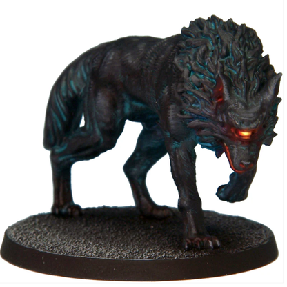 Old Shuck by Crooked Dice, a resin miniature for your tabletop games representing a supernatural black dog with a single glowing red eye