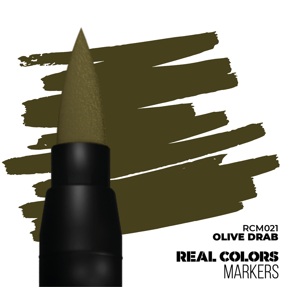 Olive Drab RC Marker by AK Interactive, fast-drying acrylic paint pen with matte finish for military tones, camouflage, and detailing on miniatures and models.