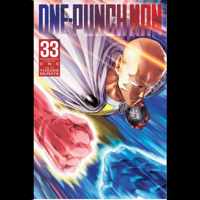 One-Punch Man Volume 33 manga book cover by Yusuke Murata, featuring Saitama with a glowing fist and a blue energy blast, with the title 'ONE-PUNCH MAN' at the top. One-Punch Man Vol. 33  Paperback Manga