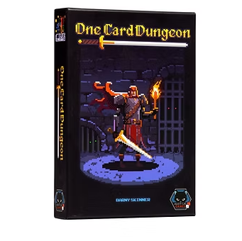 The front and spine of the board game box 'One Card Dungeon' by designer Jeremy Skinner, featuring pixel art of a warrior holding a sword and torch on a dark dungeon background. One Card Dungeon - Solo Game