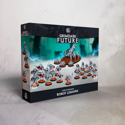 Grimdark Future: Robot Legionnaires board game box, featuring a dark design with teal and white artwork of robotic figures on a snowy landscape. One Page Rules Robot Legions Core Set with 25 Grimdark Future miniatures
