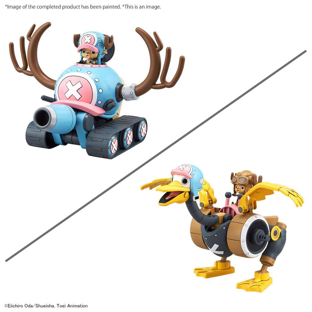 One Piece Chopper Robo 1&2 (Chopper Tank & Chopper Wing). Two toy figures on a white background, one resembling a character with antlers and a blue shell, the other resembling a character on a bird-like vehicle.